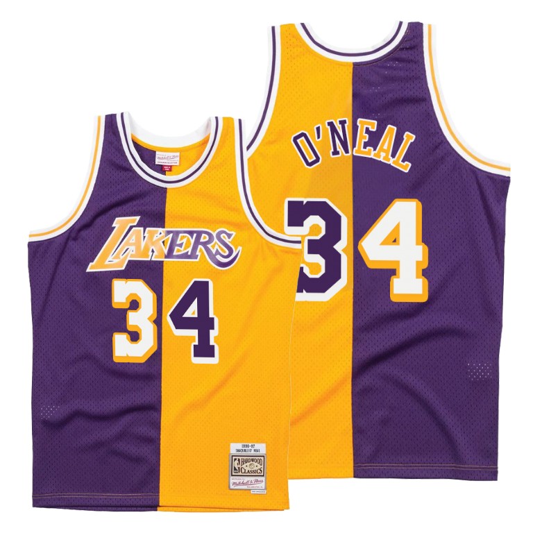 Men's Los Angeles Lakers Shaquille O'Neal #34 NBA Vintage Split Edition Purple Gold Basketball Jersey DHT5683WP